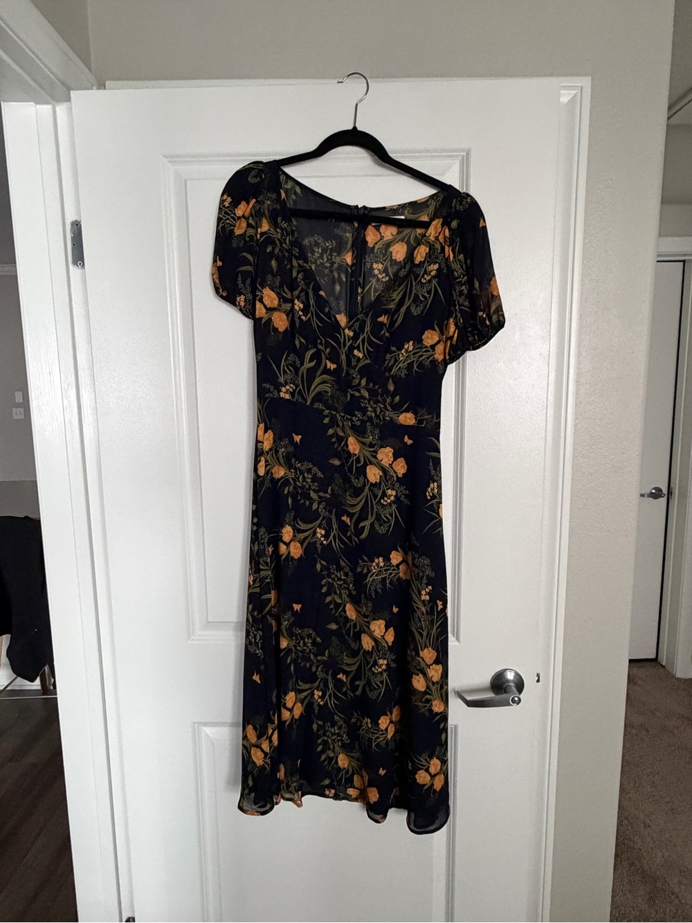 Reformation Navy Midi Dress with Orange Floral Print